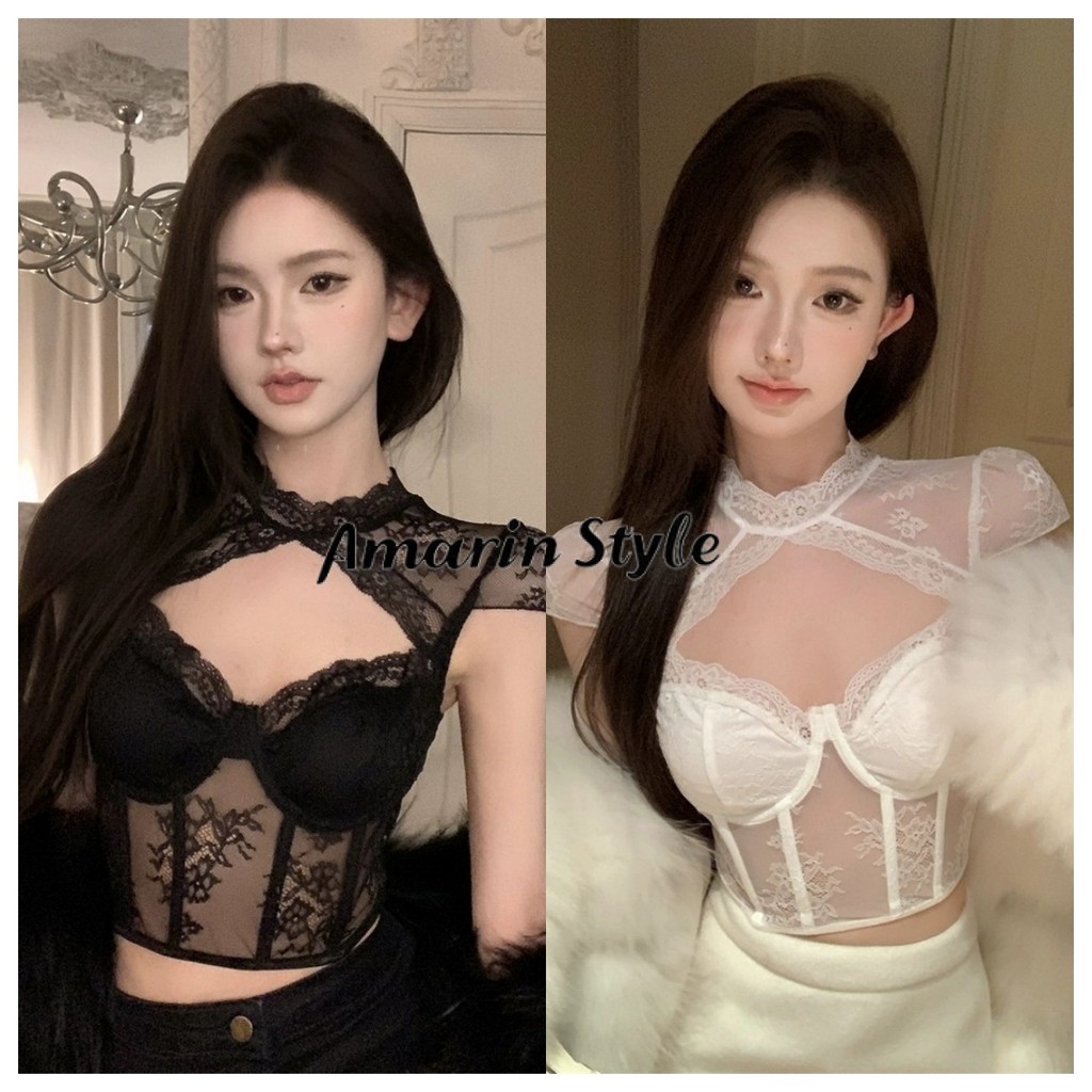 Amarin🌸พร้อมส่ง🌸เสื้อแขนสั้นเว้าหน้า มีซับ-in ลายลูกไม้ ใส่สบาย ไซส์พอดีตัว -H  FY1901