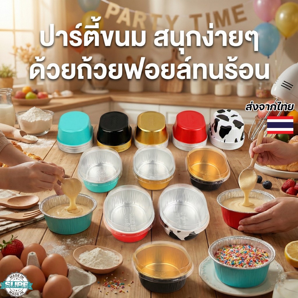 ถ้วยฟอยล์อลูมิเนียม 68ML พร้อมฝาปิด 10/50 ชิ้น ทนความร้อน เข้าเตาอบได้ เหมาะสำหรับคัพเค้ก เบเกอรี่