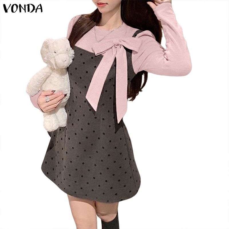 VONDA ชุดเดรสแขนยาวสำหรับผู้หญิง ดีไซน์ bowknot polka dots patchwork A-line คำว่าหวานของลูกเรือ