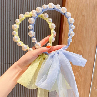 ที่คาดผมประดับมุก ที่คาดผมริบบิ้นลูกไม้ที่สามารถถักเปียได้ สไตล์เจ้าหญิงแสนหวาน