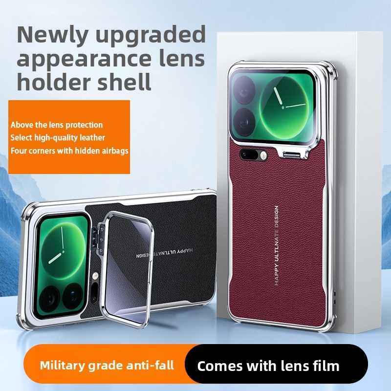 Electroplating TPU Surface PU Leather Phone Case Invisible Lens Holder Protective Case เหมาะสําหรับ Xiaomi 14, Xiaomi 14 Ultra, Xiaomi 15, Xiaomi 15 Pro, Xiaomi 15s Pro, Xiaomi 15 Ultra, Xiaomi 17ProMax, Redmi K90, Redmi K90ProMax