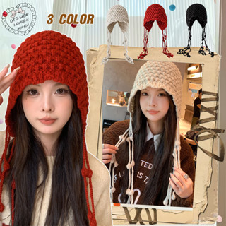 หมวกไหมพรม  พร้อมพู่ห้อย ของตกแต่งแบบปอมปอม สไตล์เรโทร  น่าร…