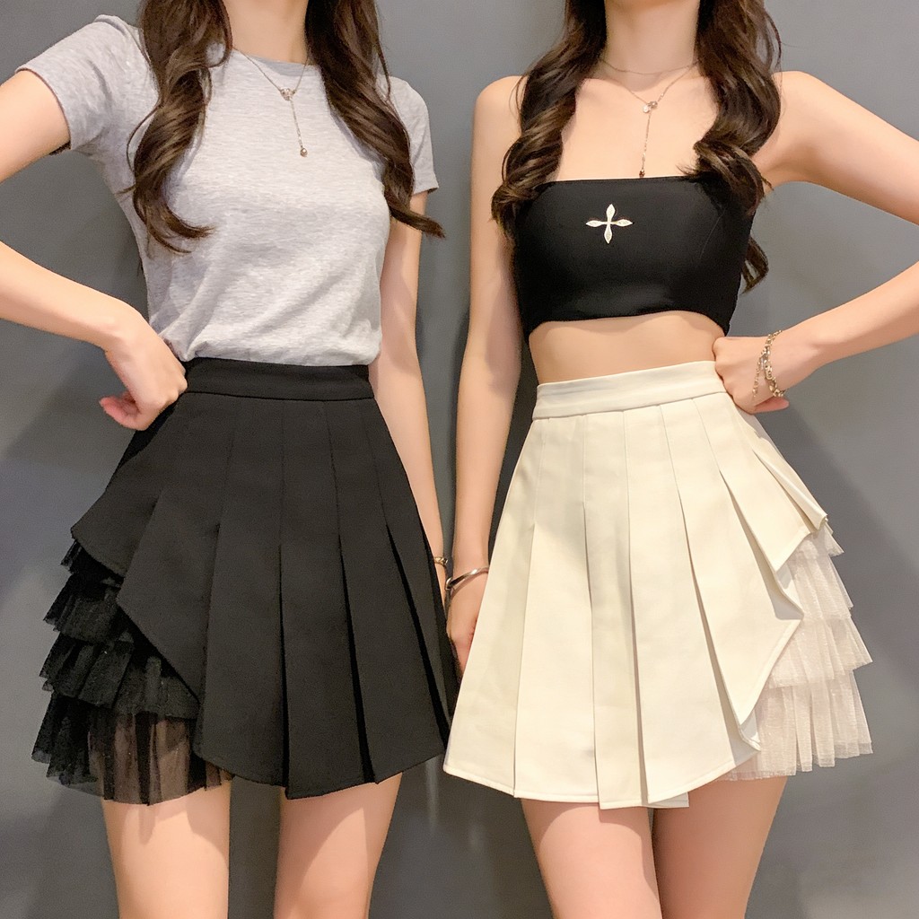 Bived S-2XL กระโปรงผู้หญิงกระโปรงทรงเอกระโปรงพลีทผ้าเนื้อบางเอวสูงดีไซน์ไม่สมมาตร ชุดสำหรับการแสดง