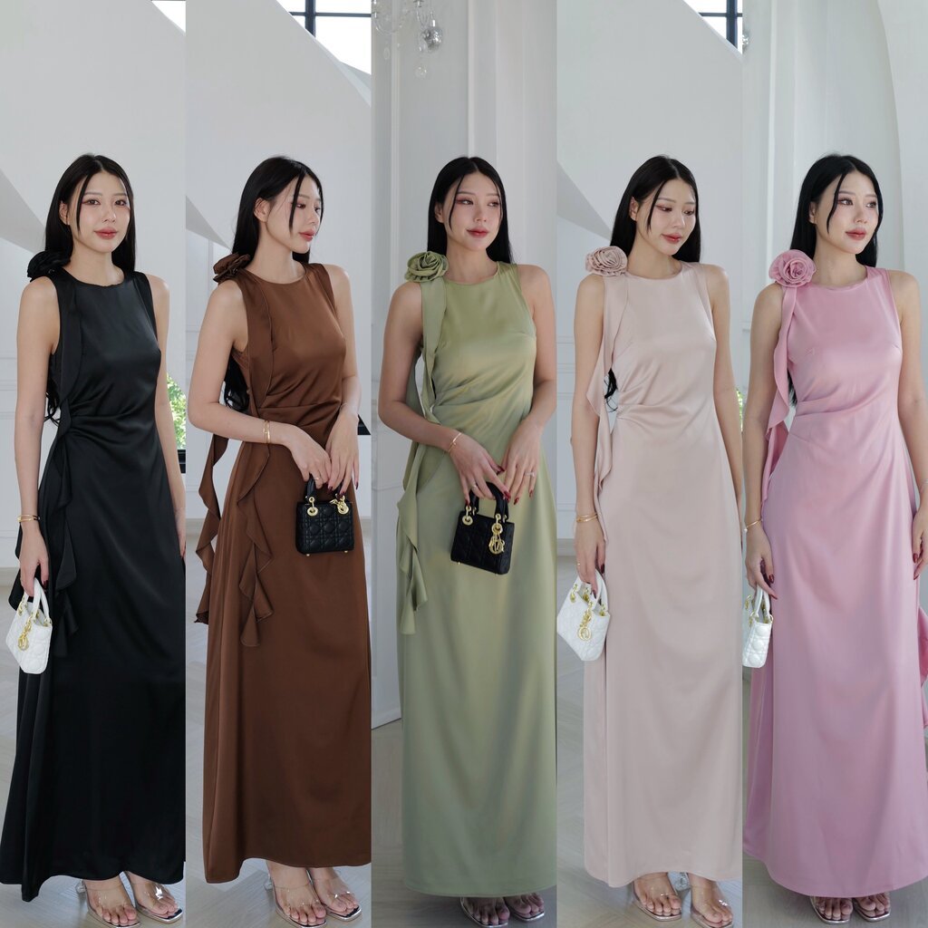 #5066#Eve เดรสยาวผ้าซาตินมีสายแต่งระบายข้างทำย่นๆ จับจีบช่วงเอว มีเข็มกลัดดอกไม้ถอดได้