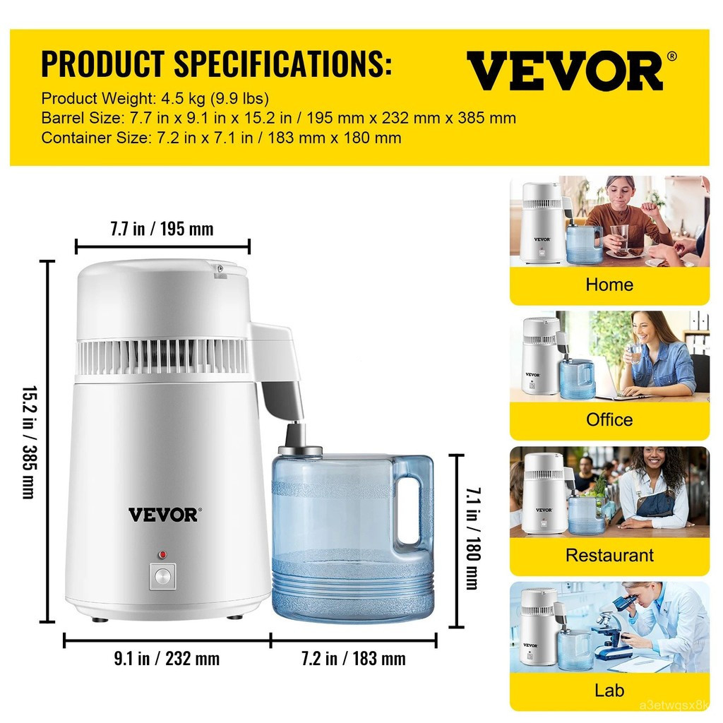 VEVOR 4L Water Distiller เครื่องฟอกกรองเครื่องทําความร้อนดื่มขวด Softener 304 สแตนเลส St