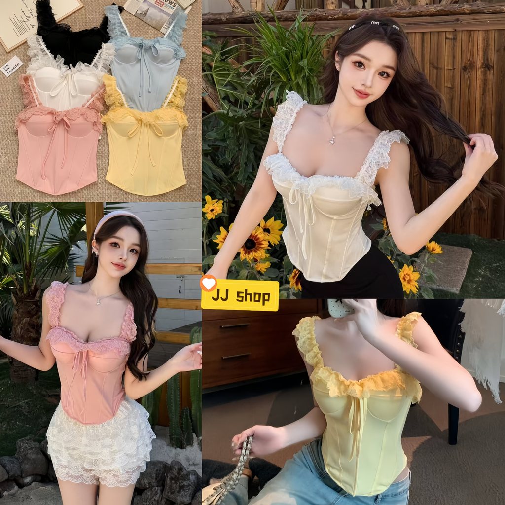 JJ Shop​ พร้อมส่ง เสื้อสายเดี่ยวแขนกุดลูกไม้สีพื้นแฟชั่นผู้หญิง ดีไซน์ผูกเอว สั้น -FY7016 ราคา ถูกที่สุด ดีลบีเคเค