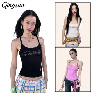 Qingsun เสื้อสายเดี่ยวสตรีรัดรูป พิมพ์ลายตัวอักษร สไตล์เซ็กซี่ สายปรับได้ -FY3590-0