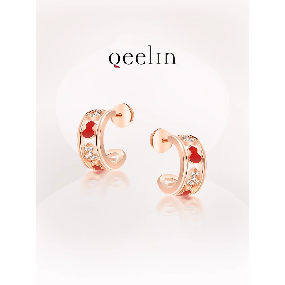 [พร้อมกล่องบรรจุภัณฑ์] ต่างหูเพชรสีโรสโกลด์ Qeelin Wulu Series 18K