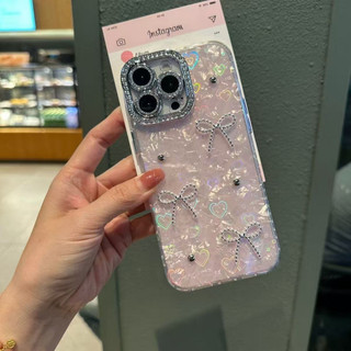 3Dวางมุกโบว์ไล่ระดับสีเลเซอร์หัวใจIMDเคสแข็งสําหรับiPhone 11 12 13 14 15 16 17 Pro Max Plus Airปลอกส่วนบุคคลเคสโทรศัพท์สําหรับiPhone13กรณีปก