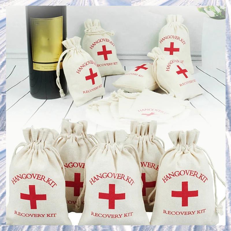 50 ชิ้นงานแต่งงานโปรดปรานผู้ถือกระเป๋า Hangover Kit กระเป๋าสําหรับแขกของขวัญสีแดงผ้าฝ้ายผ้าลินิน Pou