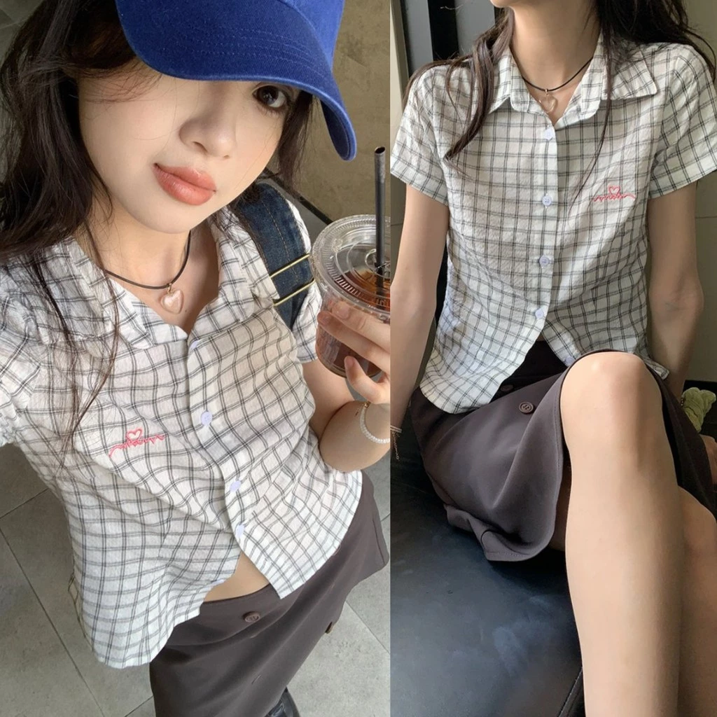 Chili Koko เสื้อเชิ้ต แขนสั้น ลายสก็อต สำหรับผู้หญิง ใส่หน้าร้อน สไตล์เรโทรคันทรี ดีไซน์เฉพาะ ท็อป- W711