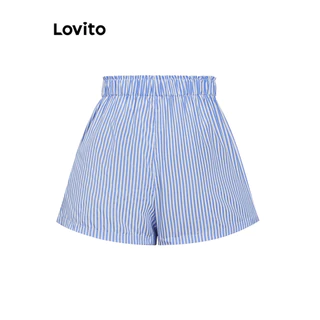 Lovito กางเกงขาสั้นผู้หญิง ลายทาง มีกระดุม เบสิก สไตล์แคชชวล L105MD129