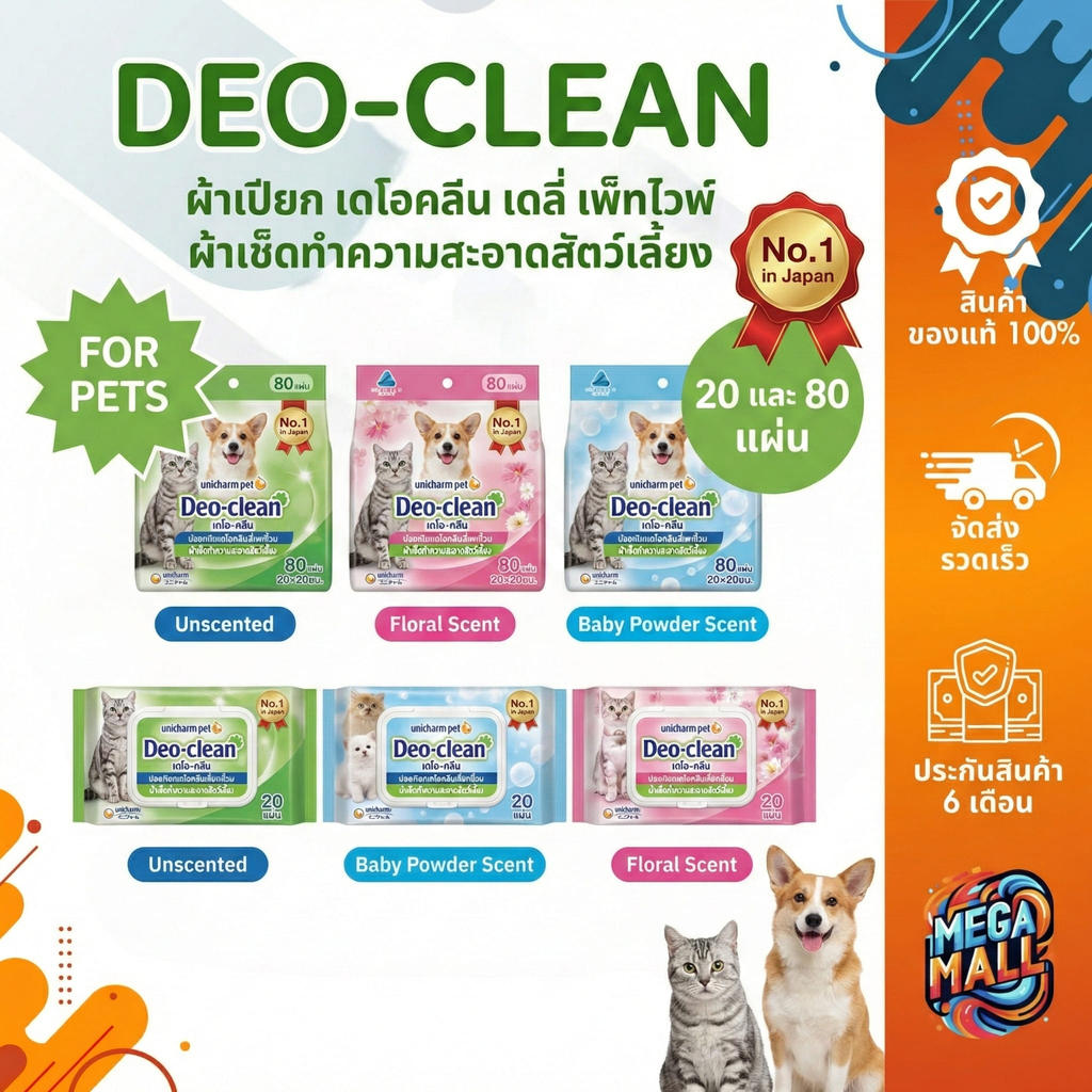 Unicharm Pet Deo Clean  เดโอคลีน เดลี่ เพ็ทไวพ์ ผ้าเช็ดทำความสะอาดสัตว์เลี้ยง สำหรับสัตว์ ปลอดภัย 80 แผ่น 20 แผ่น
