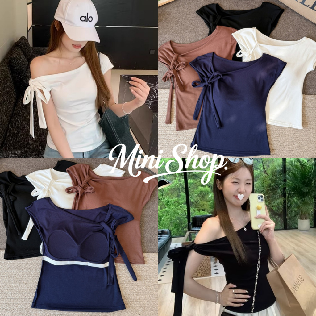 Mini shop🌸พร้อมส่ง🌸(FY5179)เสื้อยืดแขนกุด เปิดไหล่ ดีเทลผูกโบว์ สีพื้น ใส่ได้2แบบ มีฟองน้ำ เสื้อ เปิดไหล่