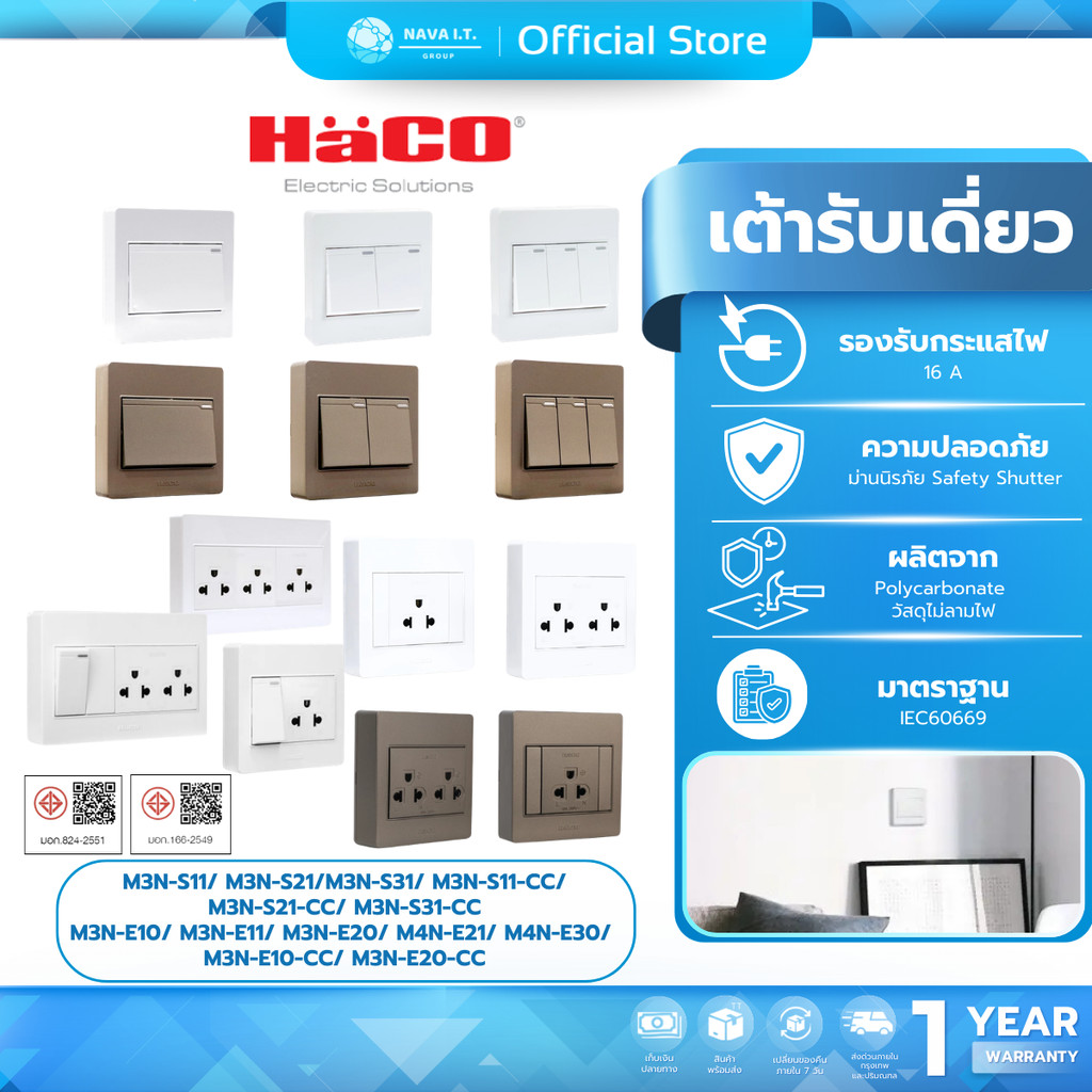 (มีส่งด่วน) HACO เต้ารับเดี่ยว-สวิตช์ทางเดียว รุ่น M3N-S11/S21/S31/E10/E11/E20, M4N-E21/E30 ประกัน 1