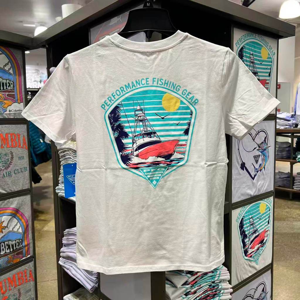 PFG ผู้ชายและผู้หญิงกลางแจ้งสบายๆกลับพิมพ์นุ่มพรีเมี่ยมผ้าฝ้าย 100% รอบคอแขนสั้นเสื้อยืดขนาดใหญ่เสื้