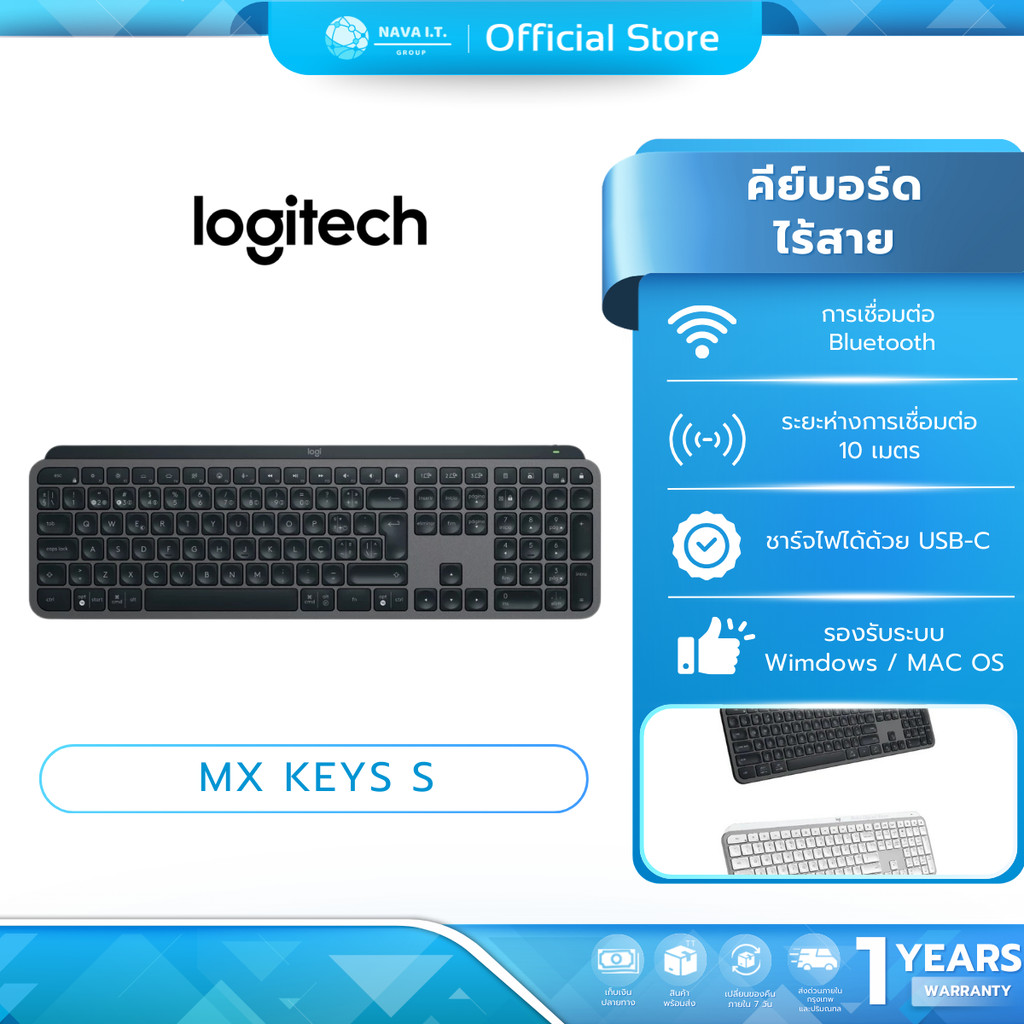 🛵มีส่งด่วน💨  LOGITECH MX KEYS S (GRAPHITE) WIRELESS KEYBOARD คีย์บอร์ด BLUETOOTH TH/ENG รับประกัน 1ป