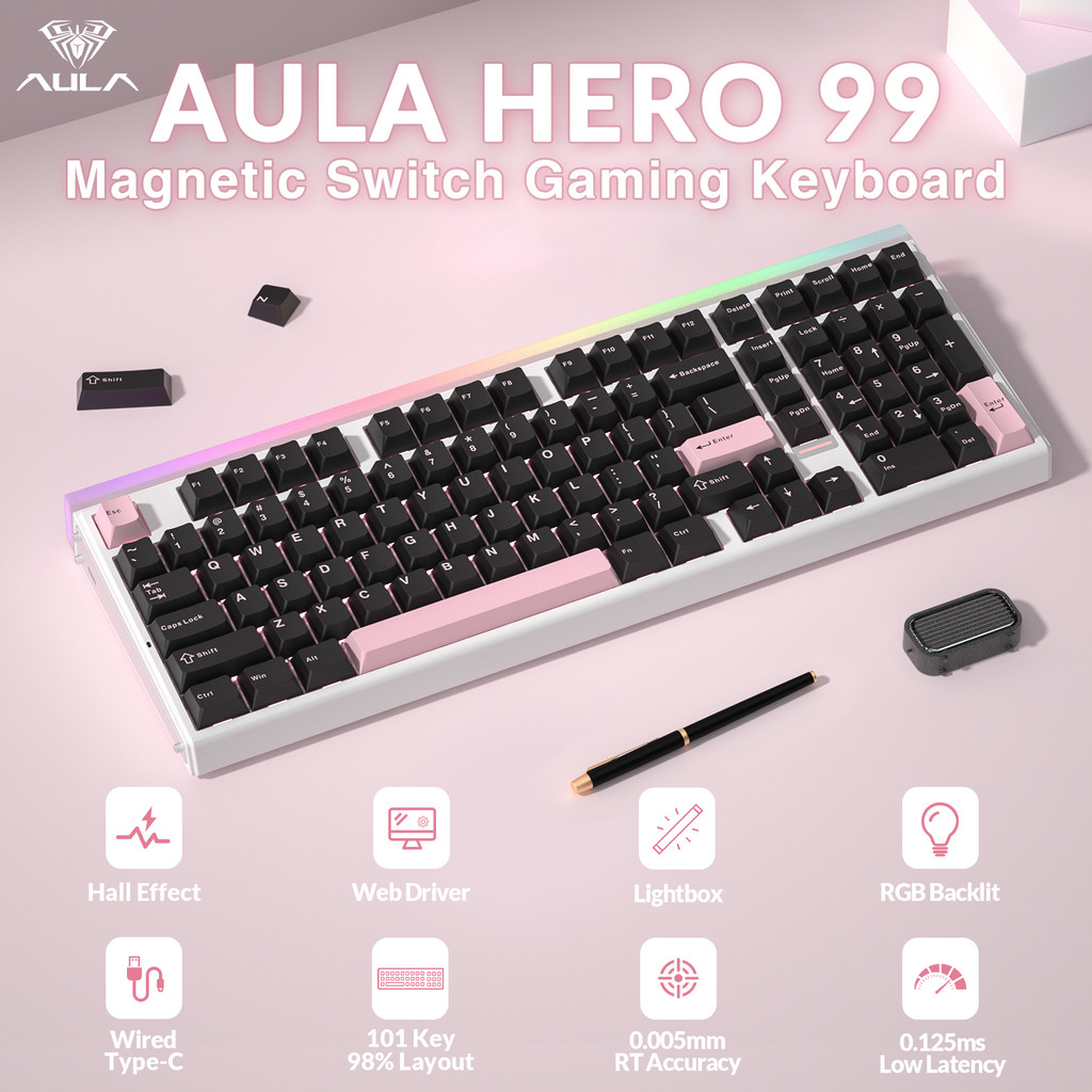 AULA แบบมีสายเท่านั้นAULA HERO99 คีย์บอร์ดแม่เหล็กแบบมีสาย 98% รูปแบบสําหรับเกม Esports Hall Effect 