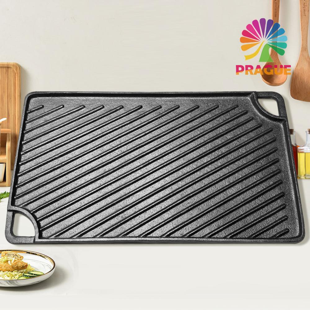 ⚡24ชม.⚡ 16.5X9.5 นิ้วเหล็กหล่อ Griddle Pan Reversible Skillet สําหรับ Camping Roasting