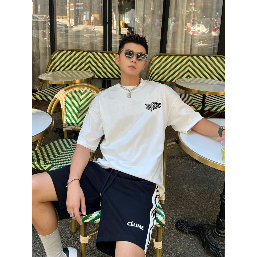 BALENCIAGA/BALENCIAGA คลาสสิกรอบคอแขนสั้นเสื้อยืดผู้ชายผู้หญิงพื้นฐานด้านในด้านหน้าไหล่ Niche อินเทร