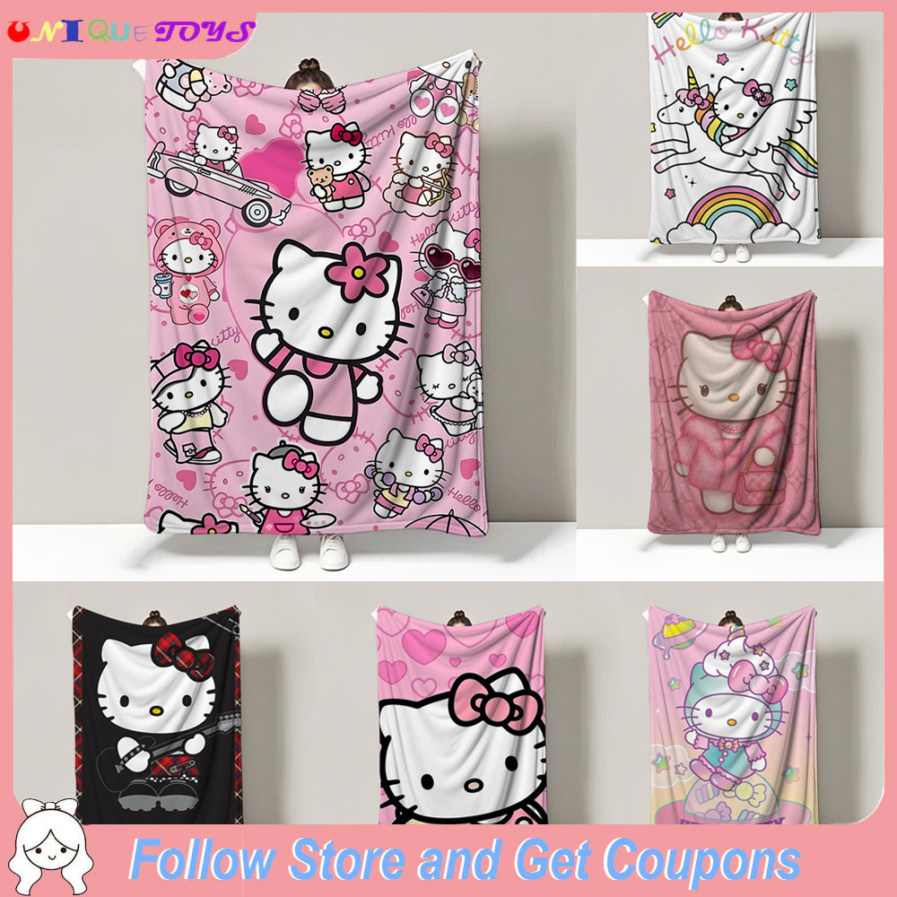 3D พิมพ์ Hello Kitty Cat Flannel ผ้าห่มน่ารักอะนิเมะการ์ตูนรูปแบบ Plush โซฟาผ้าห่มนุ่ม Warm Cozy น้ําหนักเบาผ้าปูที่นอน Travel โยนผ้าห่ม