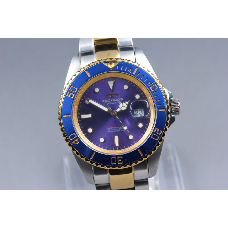 Near MINT* Technos TSM402 Blue Diver's Date Round 42mm Quartz Men's Watch