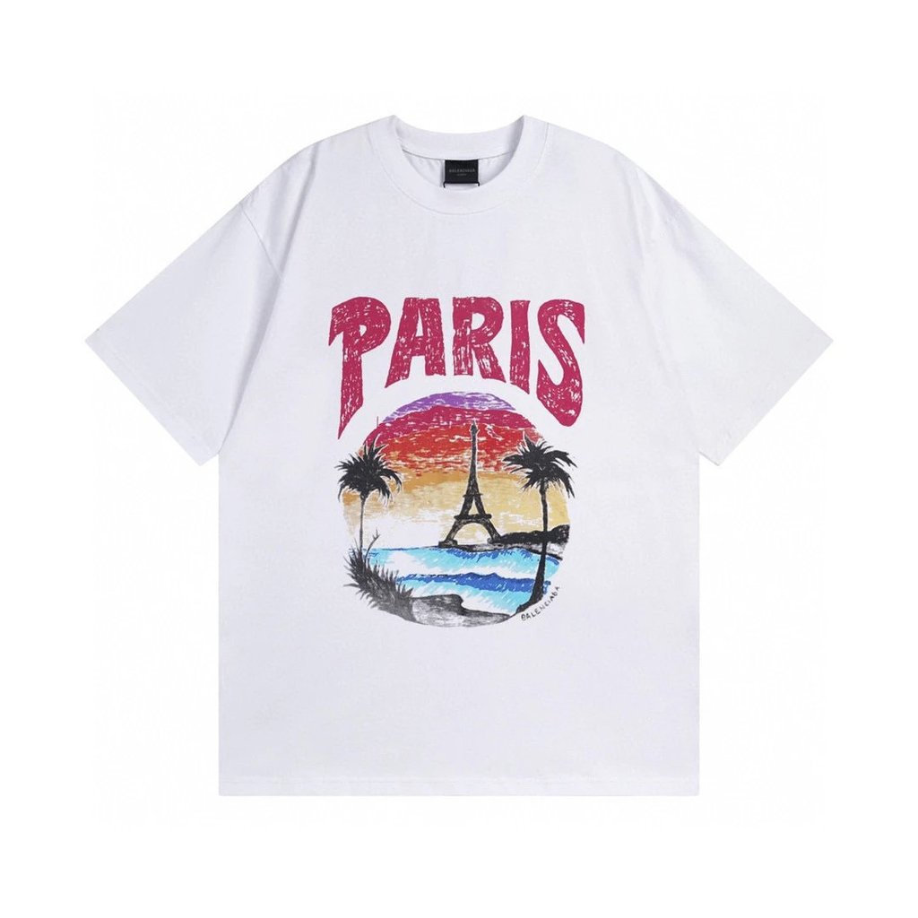 BALENCIAGA/BALENCIAGA คลาสสิกรอบคอแขนสั้นเสื้อยืดผู้ชายผู้หญิงสไตล์ผ้าฝ้าย 100% ที่กําหนดเองสบาย Bre