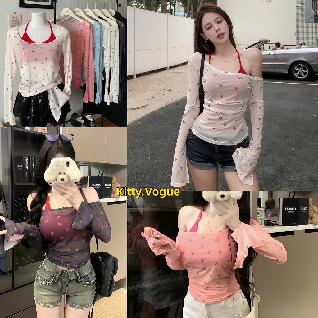 Kitty.Vogue เสื้อแขนยาวบางสำหรับผู้หญิง/ชุดสายเดี่ยวผูกคอ ผ้าคุณภาพดี น่ารัก เหมาะสำหรับชายทะเล "FY6876-L/FYQ7172"-0