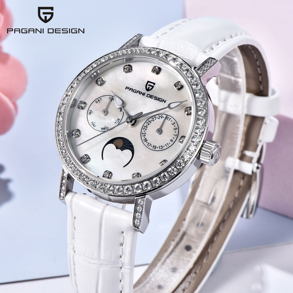 PAGANI DESIGN Original ผู้หญิงควอตซ์นาฬิกา 33 มม.เพชรหรูหราสุภาพสตรีควอตซ์นาฬิกา Sapphire Glass สําห