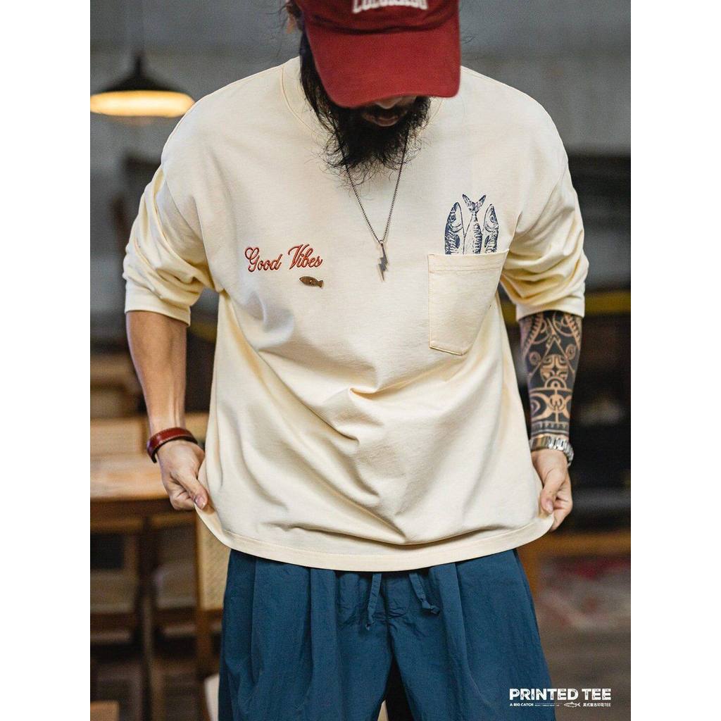 Retro Mens American Print Pocket Long Sleeve T-Shirt 100% Cotton Comfort Crew Neck Base Layer Top Spring — صورة 4
