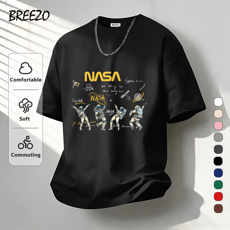 เสื้อเชิ้ตผู้ชาย cotton Space-themed T-shirt ลวดลาย หลวมและสะดวกสบาย oversize ระบายอากาศได้ แนวโน้ม เย็น สไตล์ลำลอง