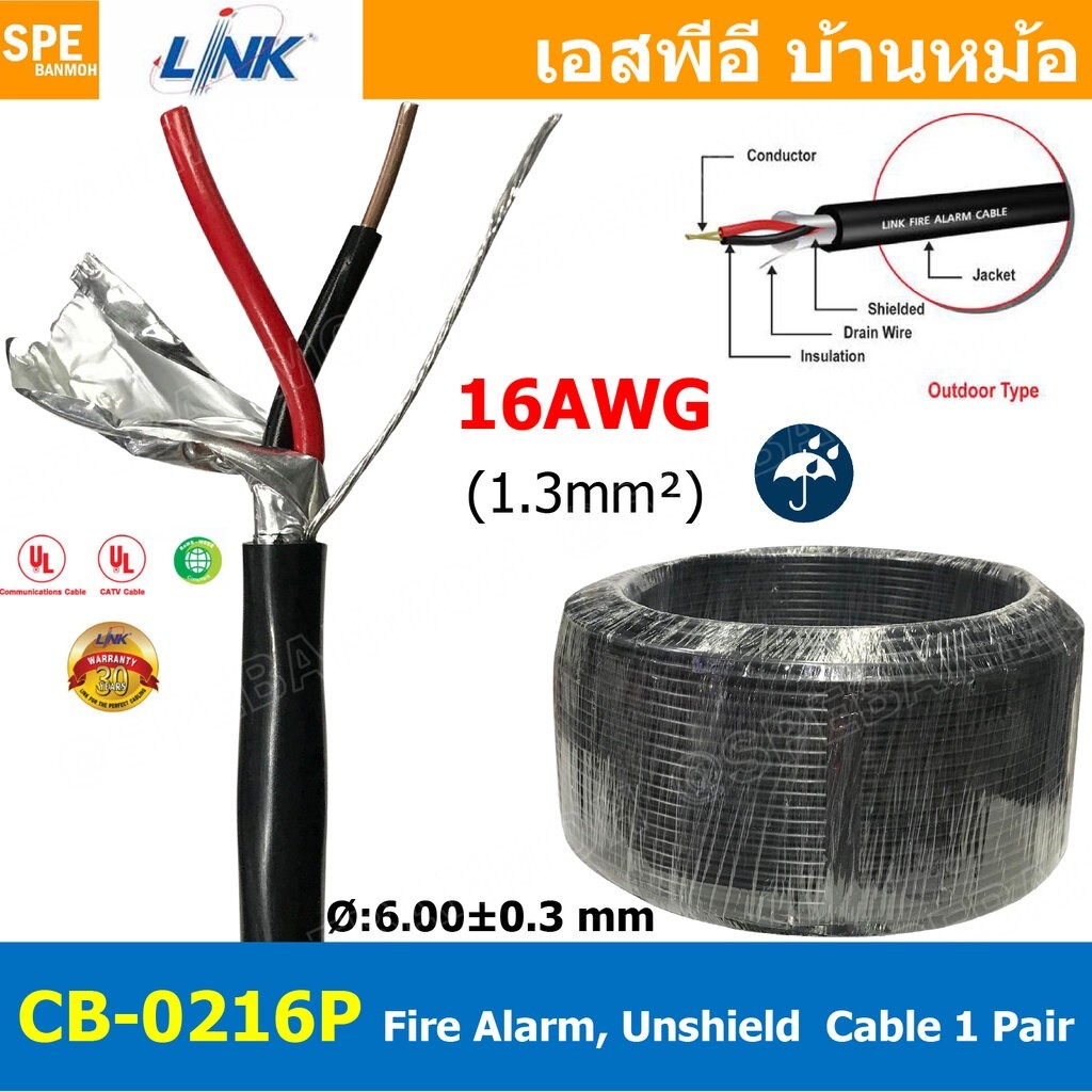 [ 2เมตร ] CB-0216P สายไฟอะลาร์ม ภายนอก มีชีล Link 2Cx16AWG 1.3mm2 Fire Alarm Outdoor shield Twisted 