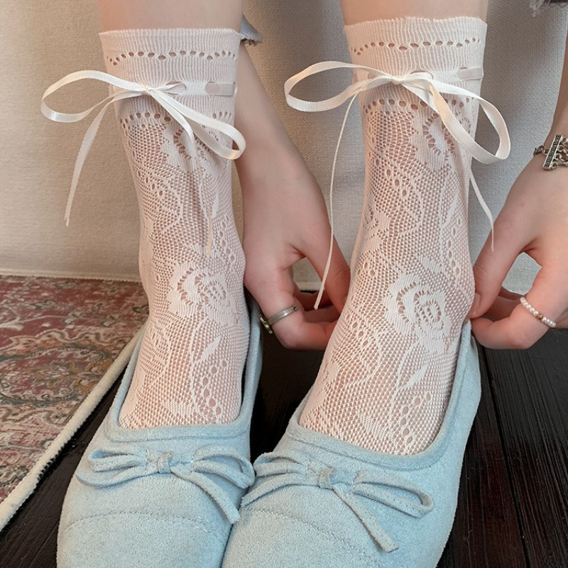 ถุงเท้าลายลูกไม้สำหรับผู้หญิง มาพร้อมโบว์ดอกกุหลาบที่สวยงาม สไตล์ lolita