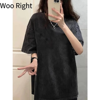 Woo Right เสื้อยืด เสื้อสีฟอก ใส่ได้ทั้งชาย-หญิง เสื้อสีพื้น ใส่สบาย ทรงหลวม oversize สีดำ แฟชั่น 3xl