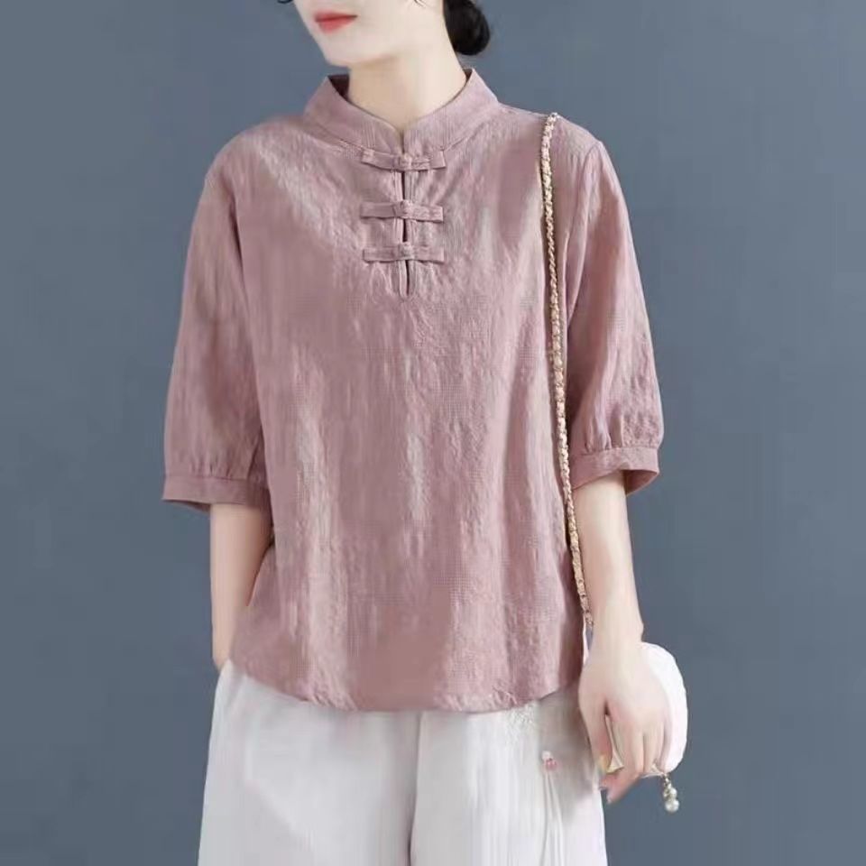 เสื้อยืดย้อนยุคปุ่มกลางแขนผ้าฝ้าย เหมาะสำหรับฤดูร้อน ทรงหลวม สไตล์อินเทรนด์