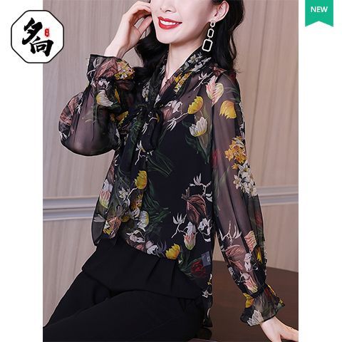 เสื้อชีฟองผู้หญิงลายดอกไม้ สไตล์ sunset old money แบบเรโทรเวสเทิร์น ใส่ได้ทุกวัน