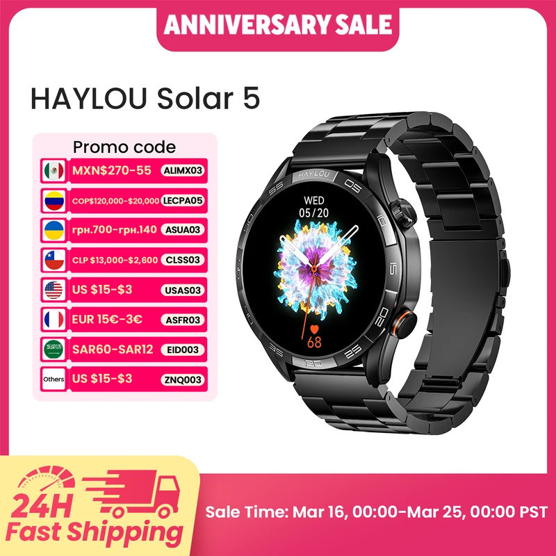 HAYLOU พลังงานแสงอาทิตย์ 5 การโทรด้วยเสียง Smartwatch 1.58 จอแสดงผล AMOLED 60Hz สมาร์ทนาฬิกา 24H การ