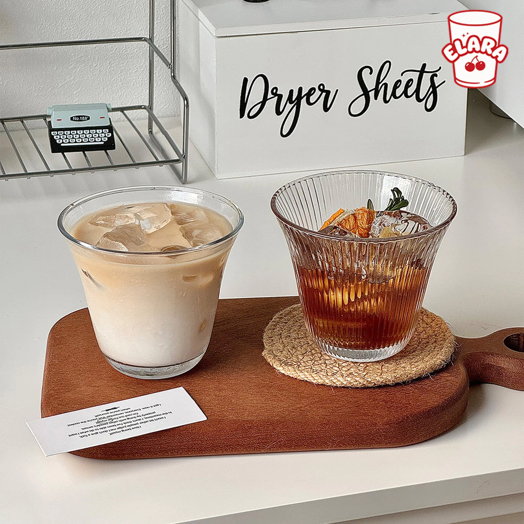 แก้วกระจกรูปทรงกรวย 2 แบบ (ลายริ้ว/ใส) 260ml | แก้วกาแฟเย็น อเมริกาโน่ วิสกี้ | สไตล์อินสตา ปลอดสารตะกั่ว
