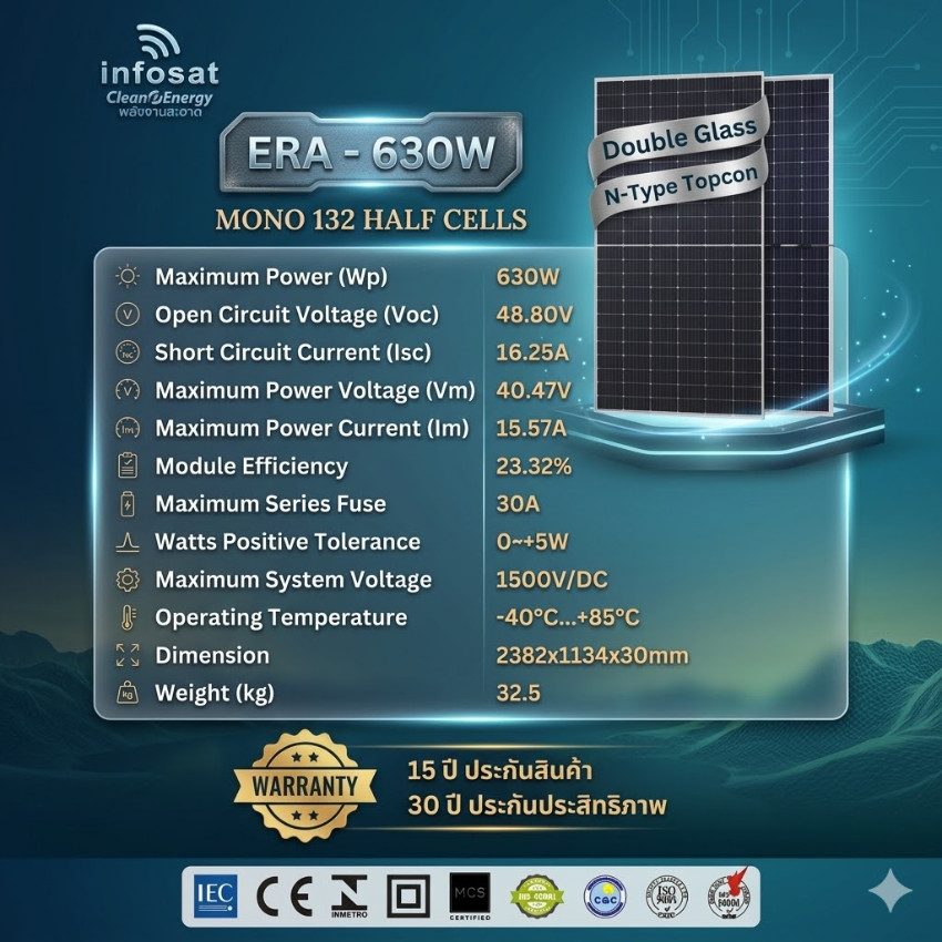 INFOSAT รุ่น ERA-630W 630W (20 แผง) แผงพลังงานแสงอาทิตย์สองด้าน โครงสร้างทนทุกสภาพอากาศ