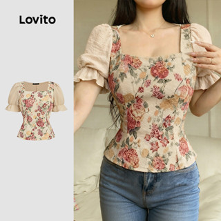 Lovito  เสื้อเบลาส์วินเทจ บล็อกสี เย็บผ้า แต่งระบาย สําหรับฤ…