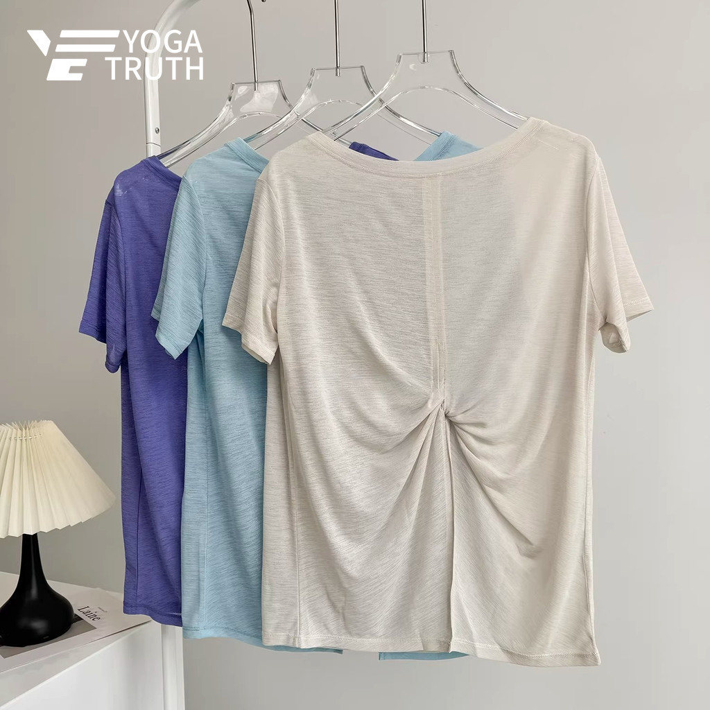 เสื้อยืดย้อมเนื้อนุ่มสำหรับโยคะและจิม Women's Breathable Loose Fit Knot Hem Top