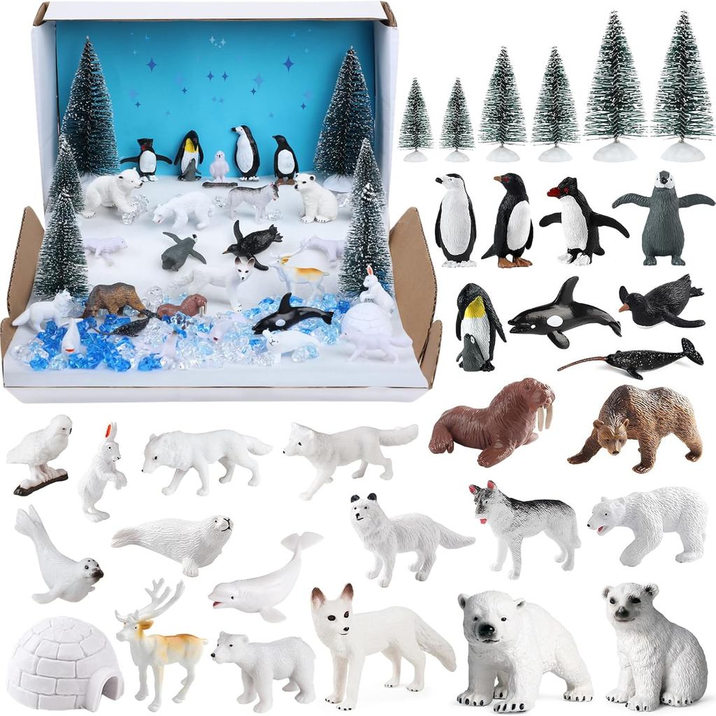 Entollar 40 ชิ้น Arctic Animal Figurines Set, Complete School Projects Polar Animals Diorama Kit wit