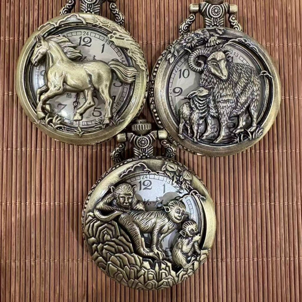 New Product#Twelve Zodiac Large Pocket Watch, Vintage Hollow Flip Cover, Unisex Antique Bronze Neckl