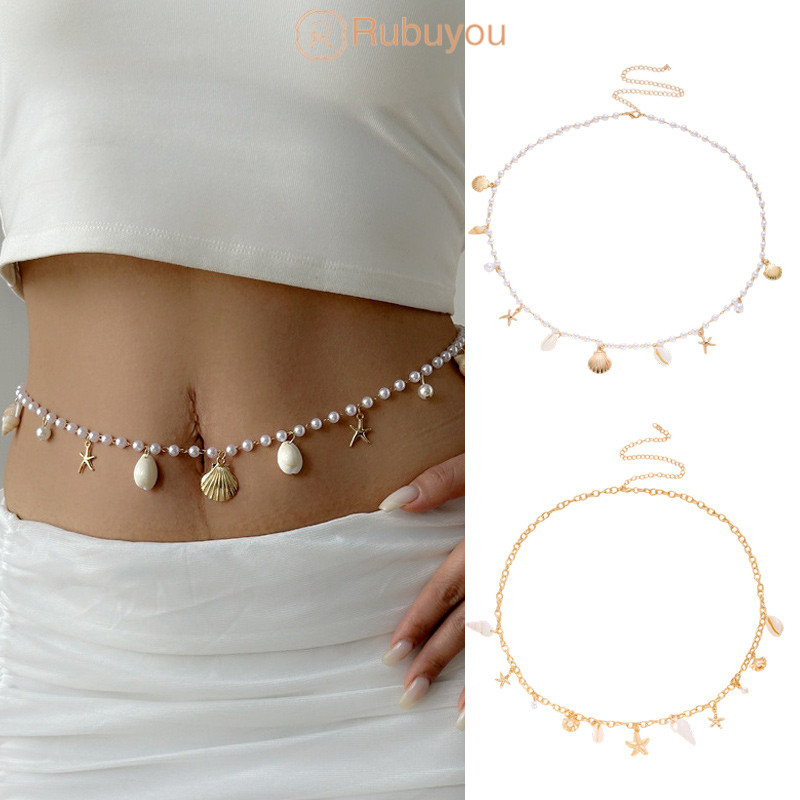 Rubuyou ﻿สร้อยเอวรูปเปลือกหอยและปลาดาวสไตล์โบฮีเมียน ฤดูร้อน วันหยุดพักผ่อน ปรับขนาดได้ ผู้หญิงที อุปกรณ์เสื้อผ้า-COD💕