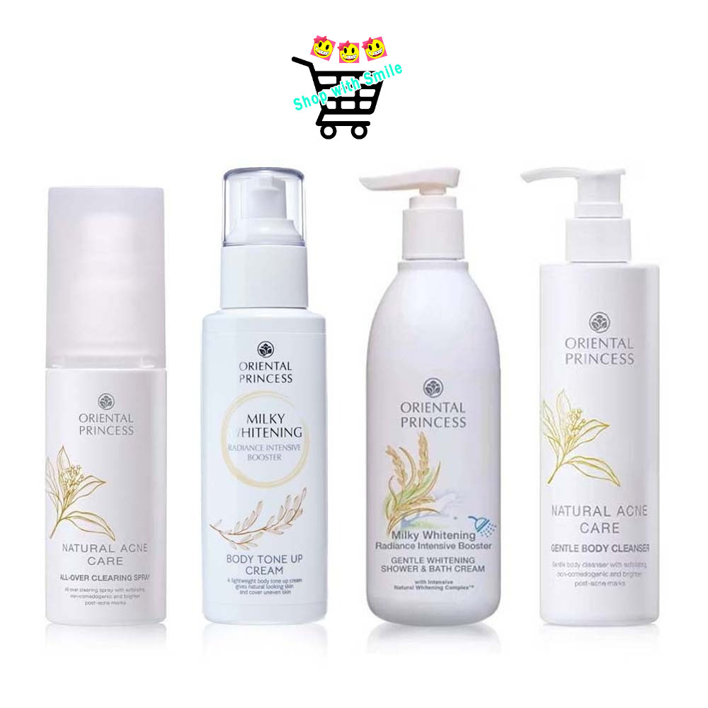 Oriental Princess สเปรย์ฉีดหลัง ลดสิว Natural Acne Care All-Over Clearing Spray 50 ml.Milky Whitening Shower Cream250ml.