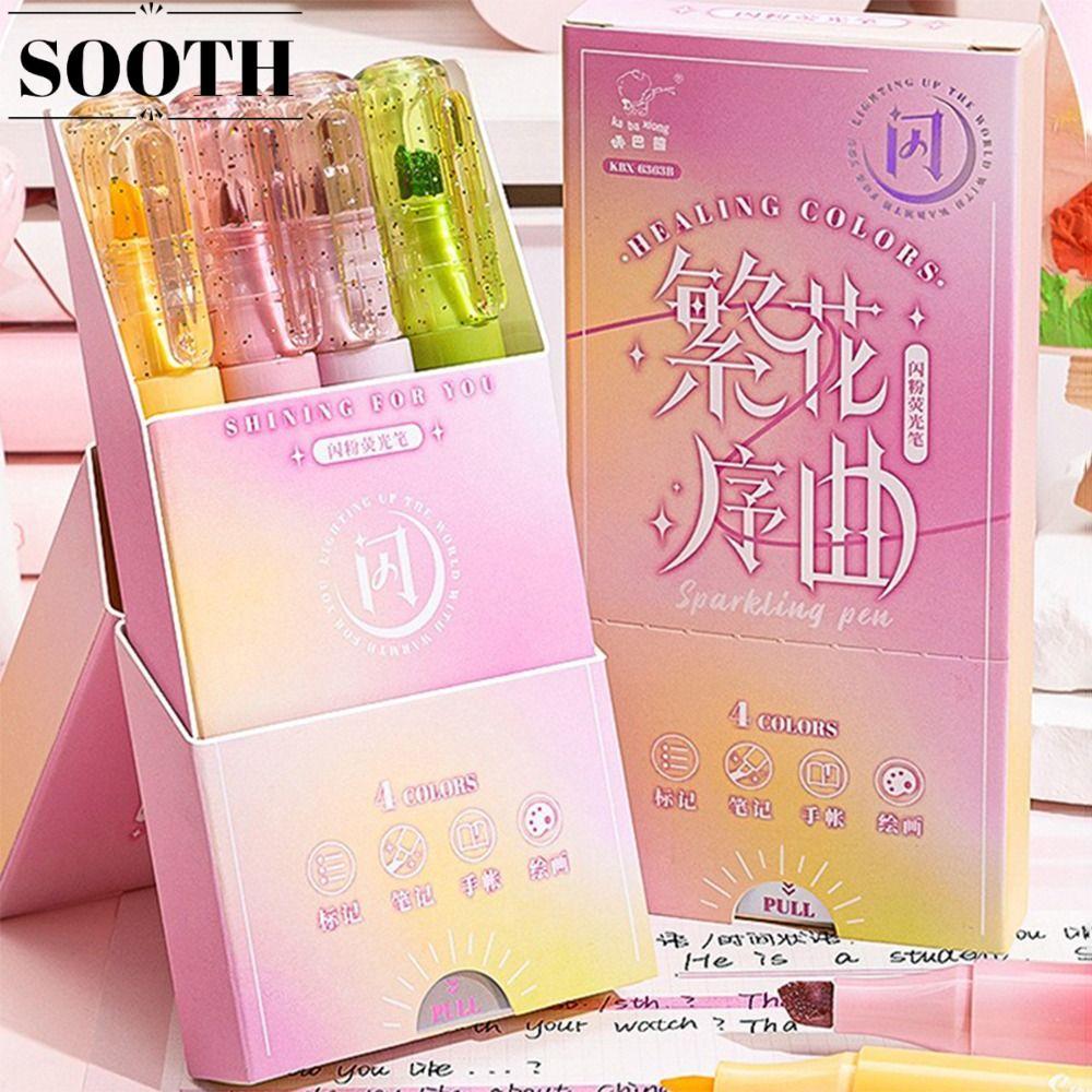 SOOTH 4PCs/Set Shiny Highlighter Pen, Oblique Tip Glitter Fluorescent Pen,คุณภาพสูง Eye Protection A