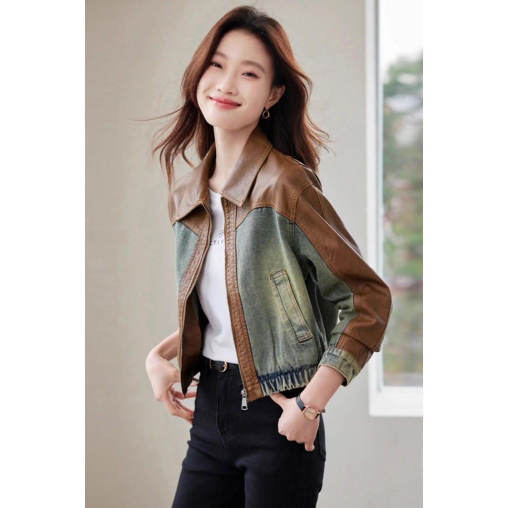 Hong Kong Denim Stitching Leather Jacket New Design Niche Jacket Top Short Today Popular