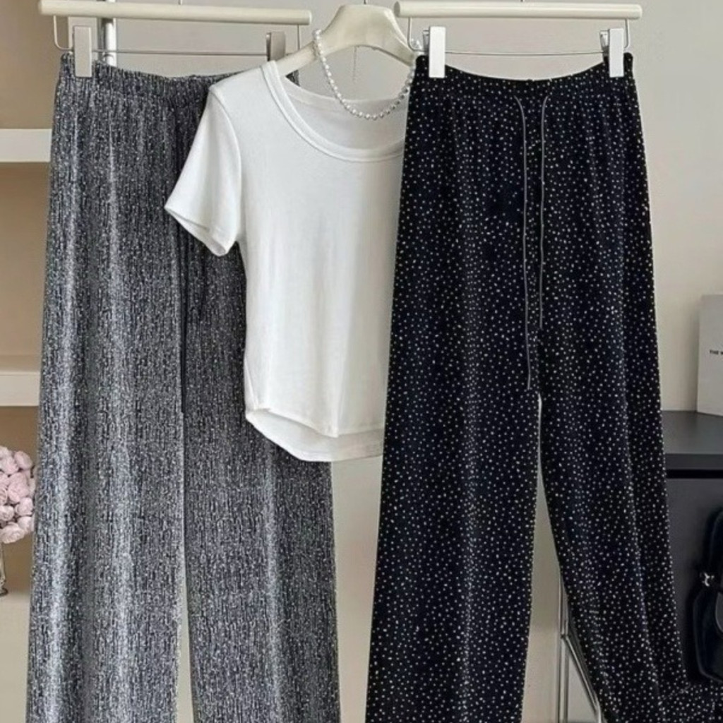 Aura Tee กางเกงขายาวผู้หญิงเเฟชั่นใหม่ สินค้าขายดี ขากว้างผ้าไหมน้ําแข็งกางเกงเชือกรูดปรับระดับได้‌ 