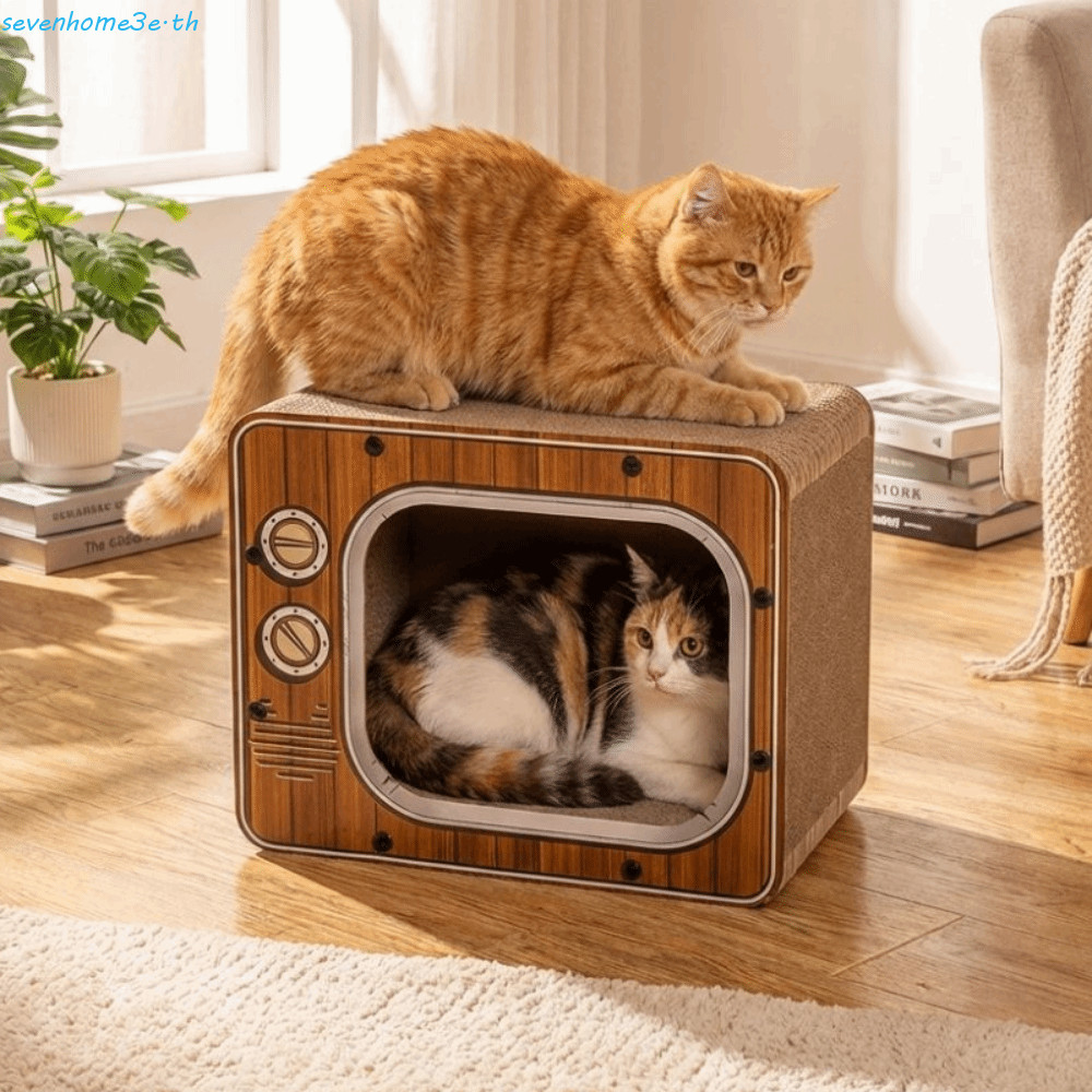 SEVENHOME3E Cat Scratch House, ลูกฟูก TV Shape Cat Scratching Board, Multi-Functional Non Slip Furni