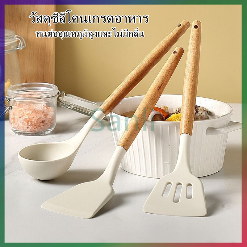 Sanli ชุดตะหลิวทอดซิลิโคนเคลือบสารกันติด / ตะหลิว ทัพพี และอุปกรณ์ทำครัวคุณภาพสูง ทนความร้อน เกรดอาหาร พร้อมด้ามไม้